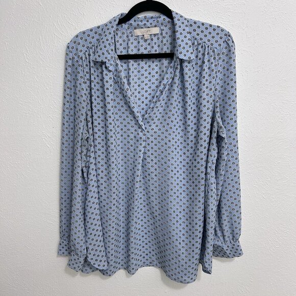 Loft Blouse Popover Light Blue Striped Dots Long Sleeve Shirt Top V Neck Size XL - Picture 1 of 11